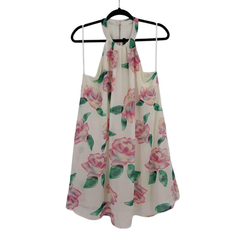 Vtg 90s Feminine Choker Mini Dress Sz S Swing Floral White Pink Roses Romantic